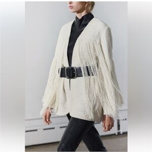 NEW NWT Zara Tweed Textured Fringe Structured  Jacket Ecru size XS